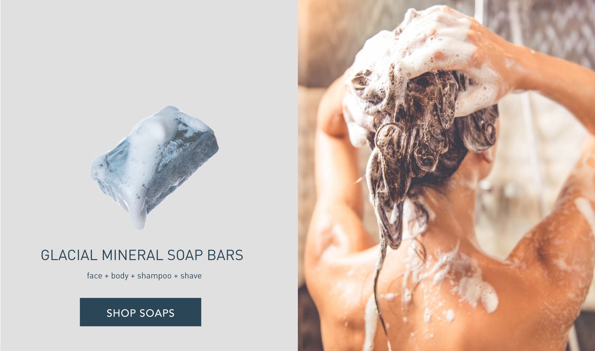 woman shampooing hair with link to shop shampoo soap bars