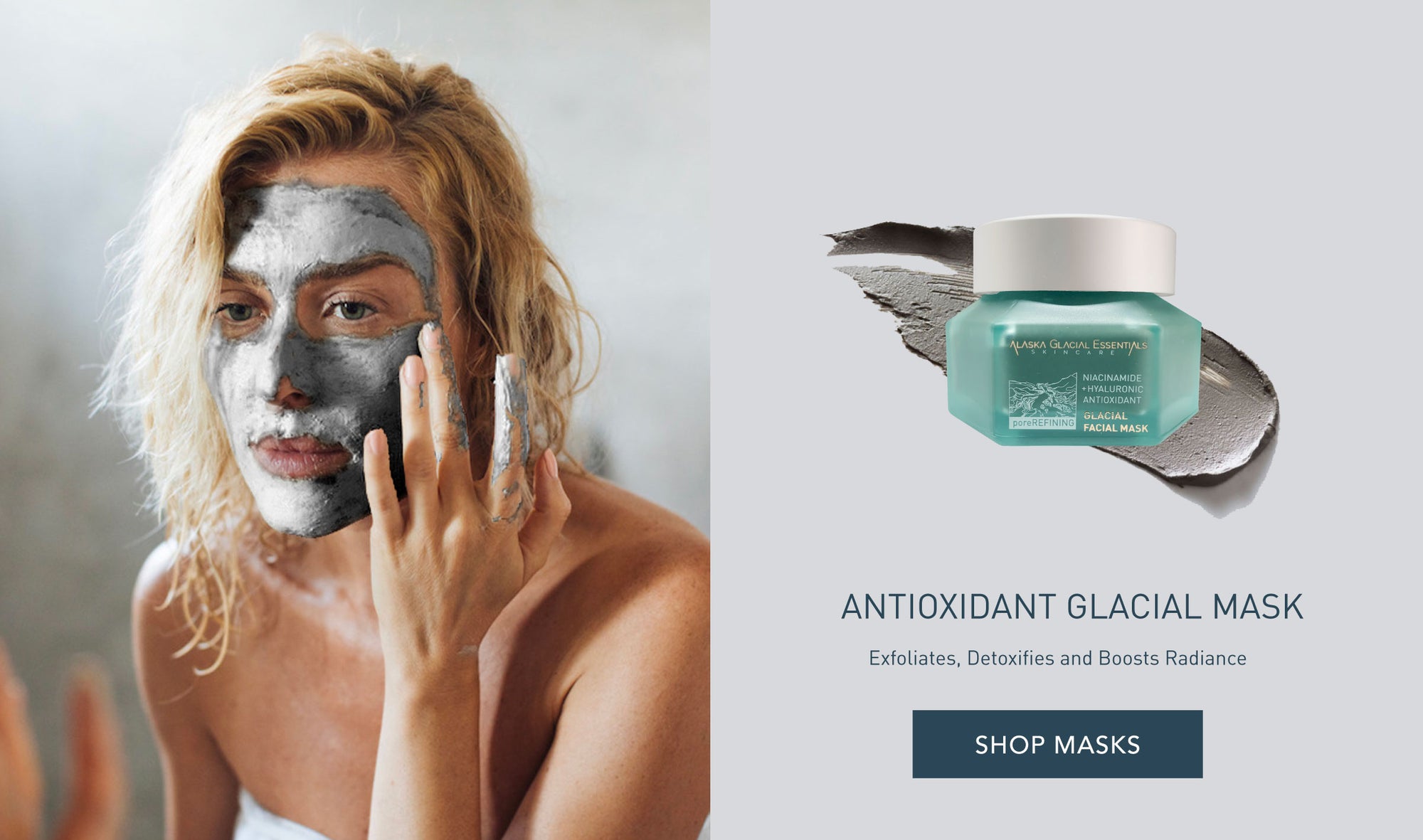 woman applying mud mask with link to shop masks