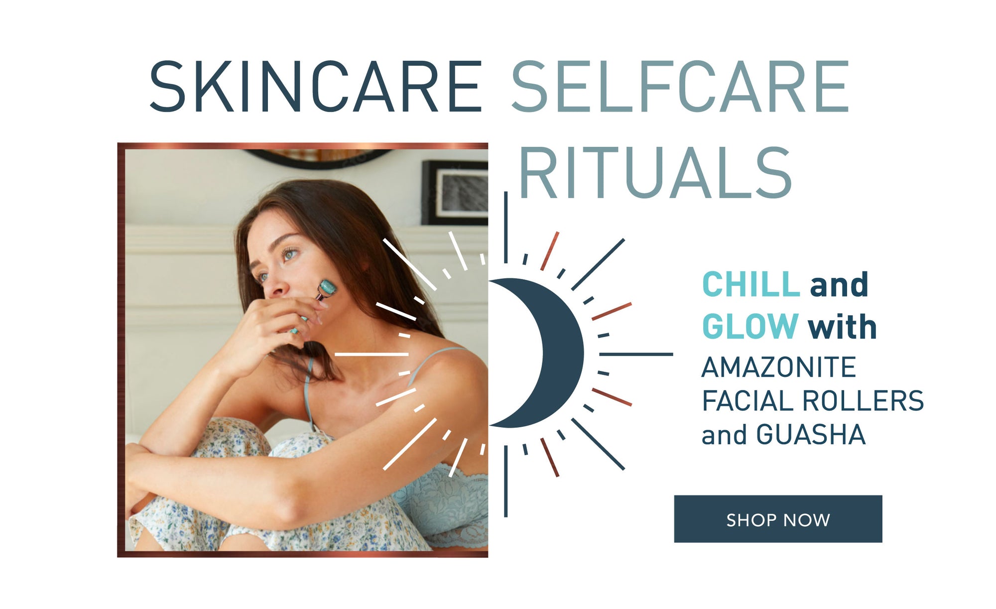 Woman using facial roller and link to shop Amazonite facial ritual tools