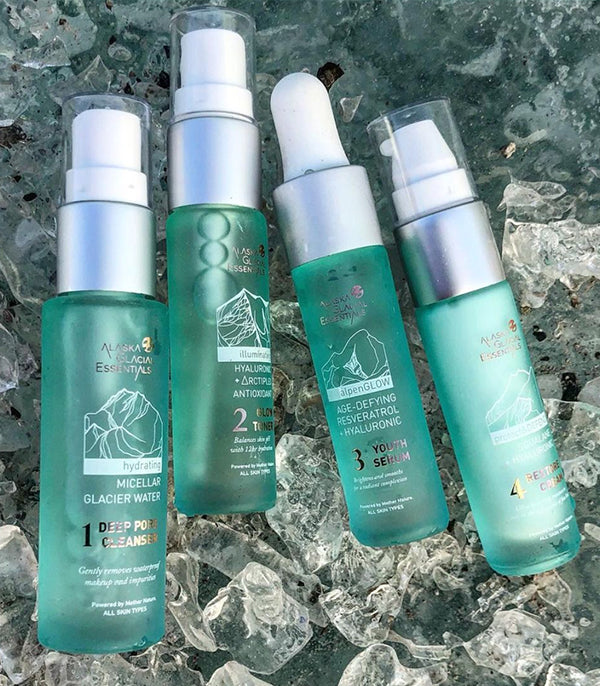 travel size bottles on glacier ice